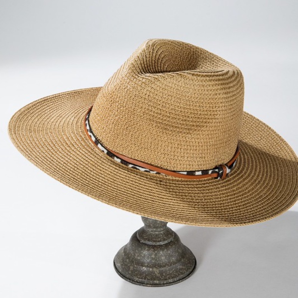 Boho Leopard Natural Trim Straw Panama Hat - Picture 10 of 13